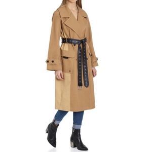 Avec Les Filles 2 Toned Tan Trench Coat with Black Faux Leather Belt Size M